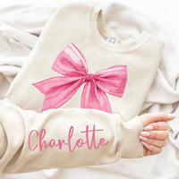 Custom Pink Bow Sweatshirt, Custom Name Valentine Shirt, Pink Bow Custom Name Sweatshirt, Front Sleeve
