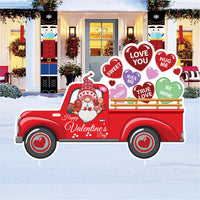 Valentine’s Day Truck Yard Sign, Red Gnome Truck with Candy Hearts, Romantic Outdoor Lawn Decoration with Stake, Cute Valentine Garden Decor