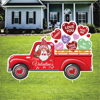 Valentine’s Day Truck Yard Sign, Red Gnome Truck with Candy Hearts, Romantic Outdoor Lawn Decoration with Stake, Cute Valentine Garden Decor