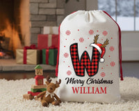 Personalized Christmas Santa Sack, Custom Letter Gift Bag for Kids, Buffalo Plaid Alphabet Bag, Santa Drawstring Bag, Holiday Gift Sack