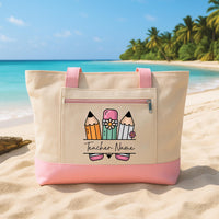 Custom Teacher Tote Bag with Zipper, Personalized Teacher Name Pencil Bag, Floral Teacher Gift, Classroom Supplies Tote, Back to School Bag