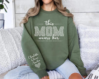 Custom Mom Sweatshirt With Kids Name On Sleeve, I Wear My Heart On My Sleeve, Mama New Mom Gift, Front Sleeve Design