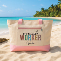 Personalized Social Worker Zipper Tote Bag, Custom Name Social Work Tote, Canvas Zipper Bag, Appreciation Gift for Social Worker