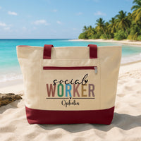 Personalized Social Worker Zipper Tote Bag, Custom Name Social Work Tote, Canvas Zipper Bag, Appreciation Gift for Social Worker