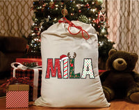 Personalized Christmas Santa Sack, Custom Name Gift Bag for Kids, Holiday Letter Bag, Candy Cane & Reindeer Alphabet Sack, Christmas Bag