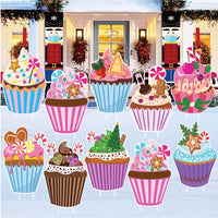 Christmas Cupcake Yard Signs, Holiday Sweet Treat Lawn Decoration with Stakes, Outdoor Xmas Dessert Garden Décor, Winter Candy Party Display