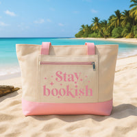 Custom Book Lover Tote Bag with Zipper, Stay Bookish Canvas Bag, Reader Library Tote, Teacher Book Club Gift, Beach Travel Book Bag