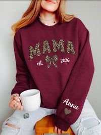 Custom Leopard Mama Sweatshirt, Personalized Mom Shirt, Kid Name Sweatshirt, Front Sleeve