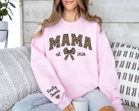 Custom Leopard Mama Sweatshirt, Personalized Mom Shirt, Kid Name Sweatshirt, Front Sleeve