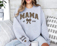 Custom Leopard Mama Sweatshirt, Personalized Mom Shirt, Kid Name Sweatshirt, Front Sleeve