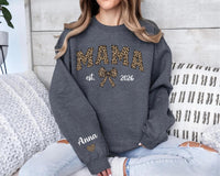 Custom Leopard Mama Sweatshirt, Personalized Mom Shirt, Kid Name Sweatshirt, Front Sleeve