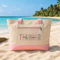 Custom Teacher Tote Bag with Zipper, Personalized Name Colorful TEACHER Canvas Bag, School Classroom Tote, Teacher Gift, End of Year Bag