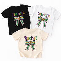 Coquette Mardi Gras Toddler Shirt, Custom Name Carnival Bow Shirt, Cute Mardi Gras Tee, Toddler Carnival Outfit Shirt, Mardi Gras Shirt
