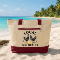 Custom Tote Bag with Zipper, Local Egg Dealer Tote, Funny Chicken Farm Canvas Bag, Chicken Lover Gift, Beach Market Travel Tote