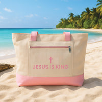 Christian Tote Bag with Zipper, Jesus Is King Faith Canvas Bag, Cross Scripture Tote, Bible Study Church Bag, Religious Gift for Women