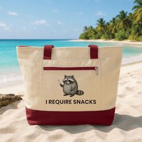 Funny Tote Bag with Zipper, I Require Snacks Raccoon Canvas Bag, Cute Animal Tote, Snack Lover Gift, Humor Grocery Work Tote Bag