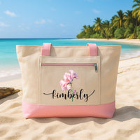 Personalized Daisy Name Zipper Tote Bag, Custom Floral Tote Bag, Birth Flower Tote, Canvas Zipper Tote, Gift for Her Mom Teacher