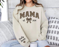 Custom Leopard Mama Sweatshirt, Personalized Mom Shirt, Kid Name Sweatshirt, Front Sleeve
