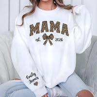 Custom Leopard Mama Sweatshirt, Personalized Mom Shirt, Kid Name Sweatshirt, Front Sleeve
