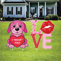 Valentine Puppy Yard Sign Set, Cute Dog Love Lawn Decoration, “I Woof You” Outdoor Valentine’s Day Yard Decor with Stakes