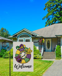 Mardi Gras Welcome Garden Flag, Festive Mardi Gras Wreath Yard Flag Decor, New Orleans Carnival Outdoor Decoration, Fat Tuesday Parade Flag