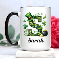 Personalized Irish Shamrock Mug, St Patricks Day Initial Mug, Custom Name Coffee Cup, St Paddys Day Gift, Lucky Four Leaf Clover