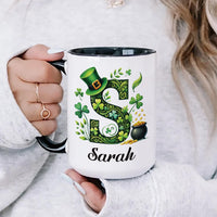 Personalized Irish Shamrock Mug, St Patricks Day Initial Mug, Custom Name Coffee Cup, St Paddys Day Gift, Lucky Four Leaf Clover