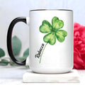 Shamrock Mug, Four Leaf Clover Coffee Cup, Personalized Irish Lucky Mug, St Patricks Day Gift, Custom Name Lucky Day Cup