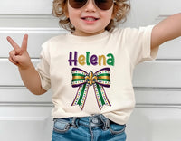 Coquette Mardi Gras Toddler Shirt, Custom Name Carnival Bow Shirt, Cute Mardi Gras Tee, Toddler Carnival Outfit Shirt, Mardi Gras Shirt