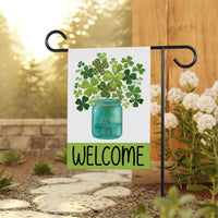 Shamrock Welcome Garden Flag, St Patricks Day Mason Jar Yard Flag, Irish Clover Outdoor Decoration, Lucky Spring Yard Sign, Welcome Flag