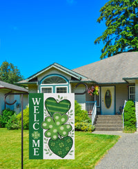 Shamrock Hearts Welcome Garden Flag, St Patricks Day Yard Decor, Irish Clover Outdoor Decoration, Lucky Spring Yard Sign, Welcome Flag