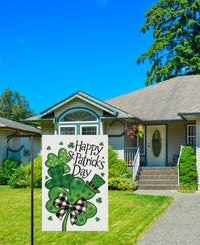 Happy St Patricks Day Shamrock Garden Flag, Plaid Clover Bow Yard Decor, Irish Spring Outdoor Decoration, Lucky Holiday Sign, St Paddys Flag
