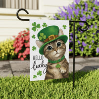 Lucky Cat St Patricks Day Garden Flag, Hello Lucky Kitty Yard Decor, Irish Clover Outdoor Decoration, Cute Spring Yard Sign, St Paddys Flag