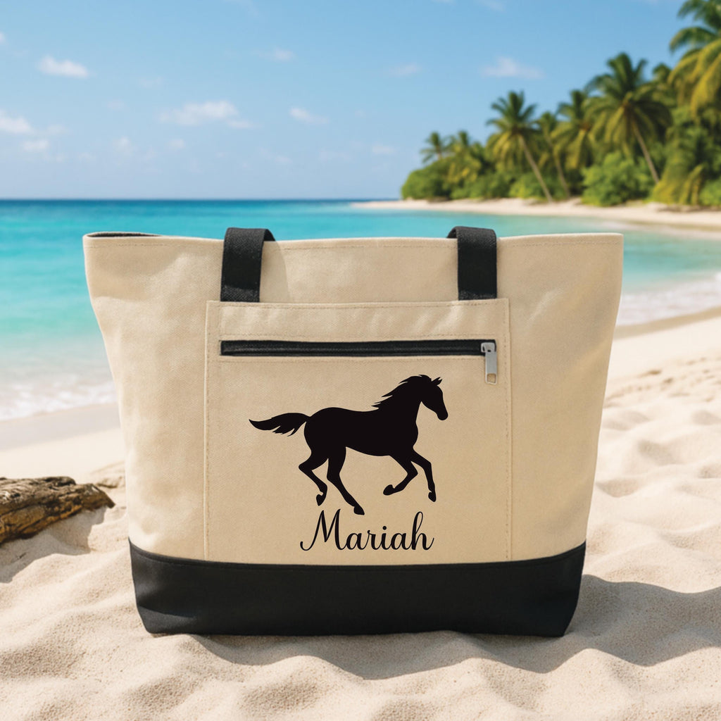 Custom Tote Bag with Zipper, Horse Lover Personalized Tote, Custom Name Canvas Bag, Equestrian Gift, Beach Travel Lake Trip Tote