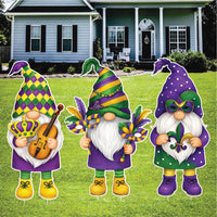 Mardi Gras Gnome Yard Sign Cutouts, Purple Green Gold Gnome Lawn Decorations, Mardi Gras Outdoor Yard Signs with Stakes, Front Yard Decor