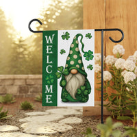 Shamrock Gnome Welcome Garden Flag, St Patricks Day Yard Decor, Irish Clover Outdoor Decoration, Lucky Spring Yard Sign, Green Gnome Flag