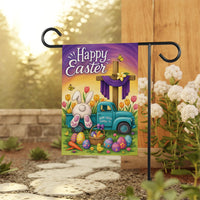 Happy Easter Bunny Truck Garden Flag, Cross and Tulips Yard Decor, Farm Fresh Eggs Outdoor Decoration, Christian Easter Sign, Spring Flag