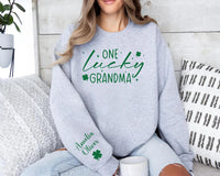 One Lucky Mama Sweatshirt, Personalized Mama Shamrock Shirt, Children’s Name Sleeve Sweatshirt