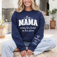This Mama Wears Her Heart on Her Sleeve Sweatshirt, Grandma Nana Mom Tee, Custom Kids Names, Mama Heart, Mother’s Day Gifts, Front Sleeve