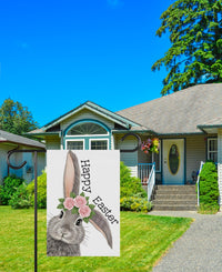 Floral Bunny Happy Easter Garden Flag, Spring Rabbit Yard Sign with Flower Crown, Cute Outdoor Porch Decor, Springtime Welcome Lawn Banner