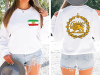 Lion and Sun Iran Sweatshirt, Persian Flag Graphic Shirt, Shir-o-Khorshid Emblem Tee, Iranian Heritage Sweatshirt, Patriotic Gifts, Front Back