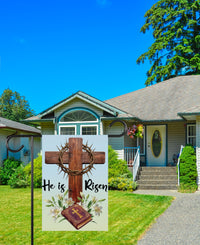 He Is Risen Easter Garden Flag, Christian Cross Yard Banner, Crown of Thorns, Bible, Religious Outdoor Decor, Spring Resurrection Porch Sign