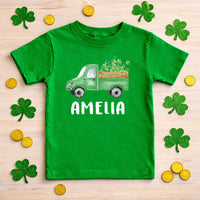 Custom Name St Patrick’s Day Truck Shirt, Personalized Saint Patty’s Shirt, Shamrock Truck Kids Tee, Boys Irish Truck Shirt, Unisex Kids Tee