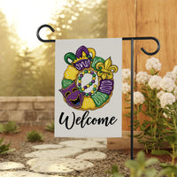 Mardi Gras Welcome Garden Flag, Festive Mardi Gras Wreath Yard Flag Decor, New Orleans Carnival Outdoor Decoration, Fat Tuesday Parade Flag
