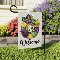 Mardi Gras Welcome Garden Flag, Festive Mardi Gras Wreath Yard Flag Decor, New Orleans Carnival Outdoor Decoration, Fat Tuesday Parade Flag
