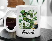 Personalized Irish Shamrock Mug, St Patricks Day Initial Mug, Custom Name Coffee Cup, St Paddys Day Gift, Lucky Four Leaf Clover