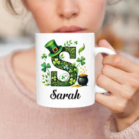 Personalized Irish Shamrock Mug, St Patricks Day Initial Mug, Custom Name Coffee Cup, St Paddys Day Gift, Lucky Four Leaf Clover