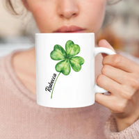 Shamrock Mug, Four Leaf Clover Coffee Cup, Personalized Irish Lucky Mug, St Patricks Day Gift, Custom Name Lucky Day Cup