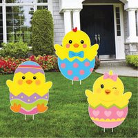Easter Chick Yard Sign Cutout Set, Cute Easter Chick Lawn Decor, Spring Easter Outdoor Yard Sign with Metal Stakes