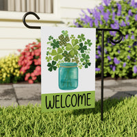 Shamrock Welcome Garden Flag, St Patricks Day Mason Jar Yard Flag, Irish Clover Outdoor Decoration, Lucky Spring Yard Sign, Welcome Flag